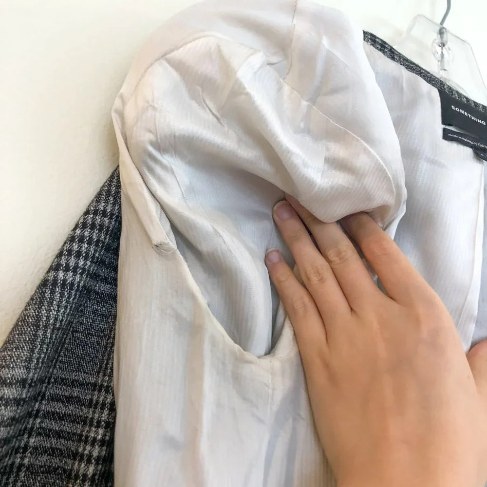 Something Navy Plaid Button Front Long Gray Collared Trench Coat S FLAWED - Picture 9 of 11